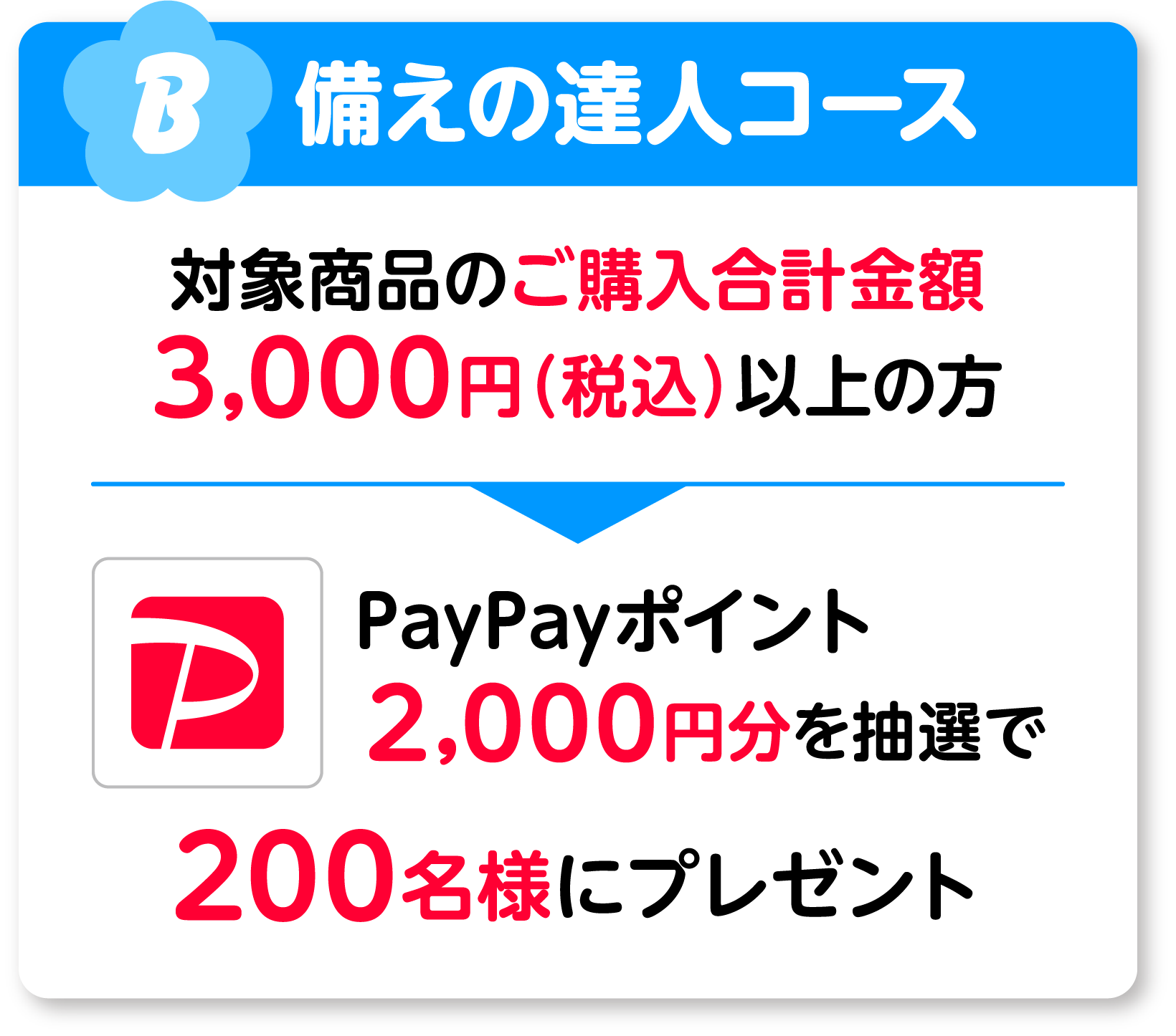 B 備えの達人コース 対象商品のご購入合計金額3,000円（税込）以上の方 PayPayポイント2,000円分を抽選で200名様にプレゼント
