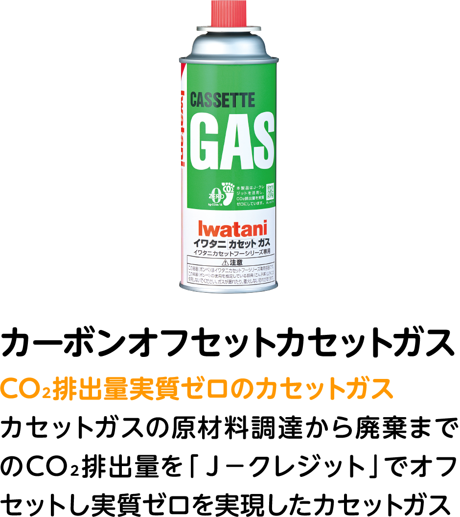 カーボンオフセットカセットガス CO₂排出量実質ゼロのカセットガス カセットガスの原材料調達から廃棄までのCO₂排出量を「Ｊ－クレジット」でオフセットし実質ゼロを実現したカセットガス