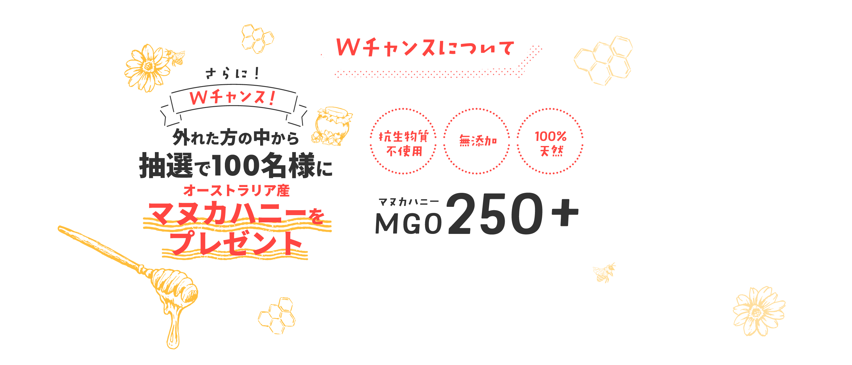 Wチャンスについて 外れた方の中から抽選で100名様にオーストラリア産マヌカハニーをプレゼント