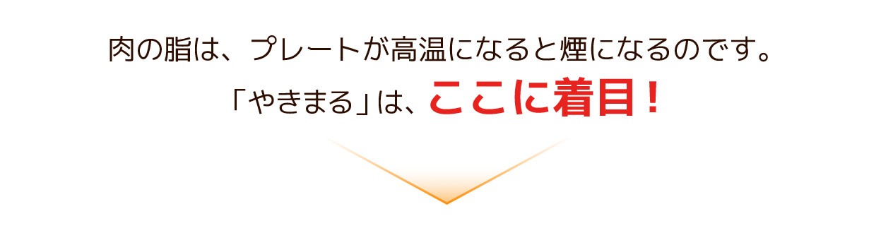 肉の脂は、プレートが高温になると煙になるのです。「やきまる」は、ここに着目！